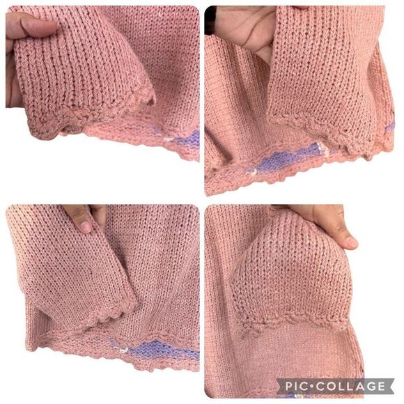 Vintage 3D Flower Knit Sweater Women Size Small Pink Purple Hem Cuff Trim Cottag - Picture 4 of 7
